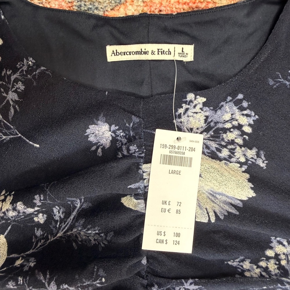 Abercrombie & Fitch Navy Blue Floral Ruched Mesh Maxi Dress Large Stretch NWT - Picture 10 of 10